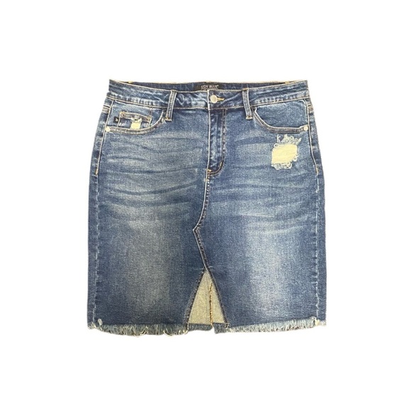 Judy Blue Women’s Denim Frayed Triangular Cut Jean Mini Skirt Sz L - Picture 1 of 4